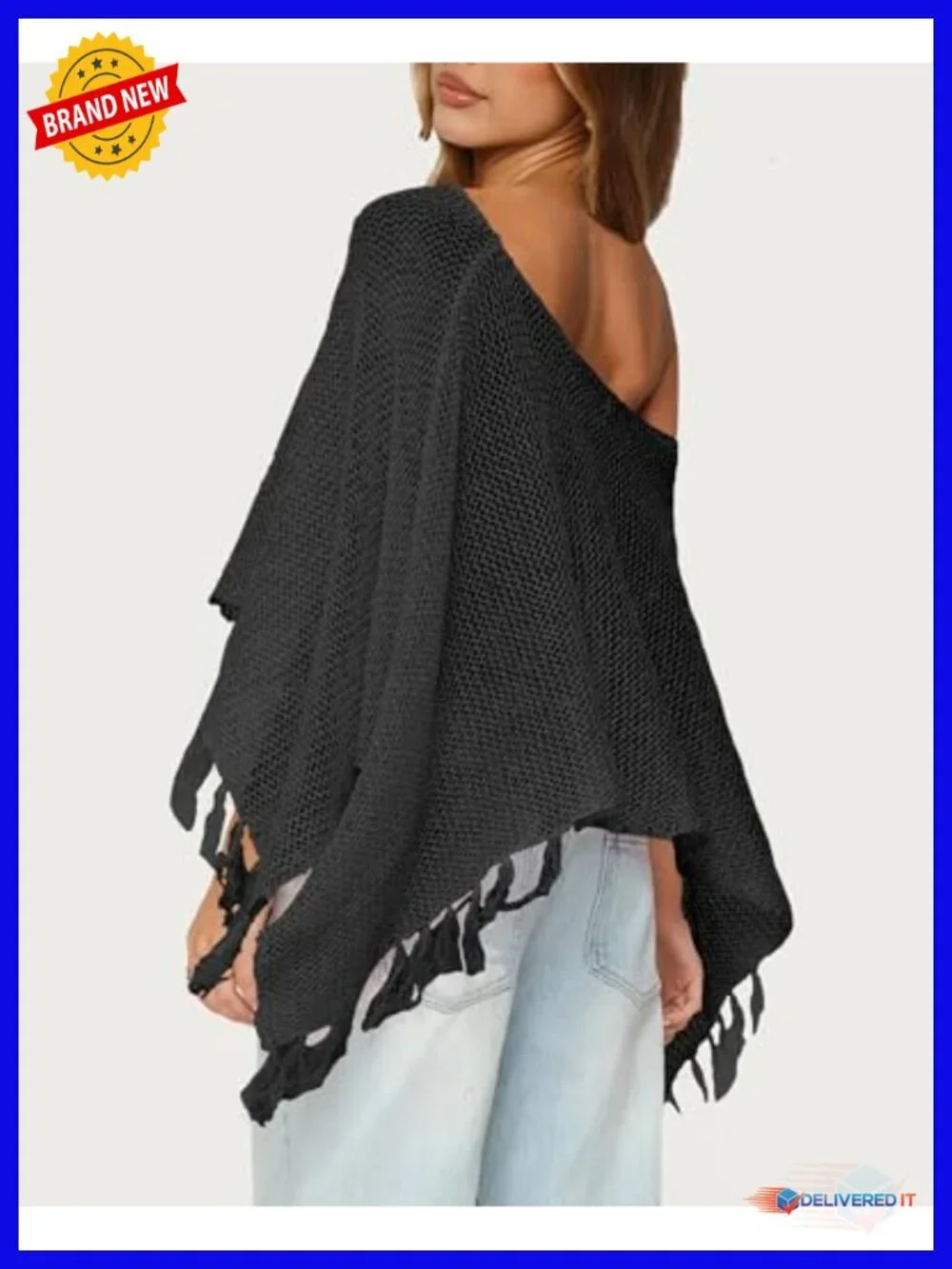 Sheer Knit Poncho, Off Shoulder Boat Neck Fringe Sweater Wrap, Lightweight